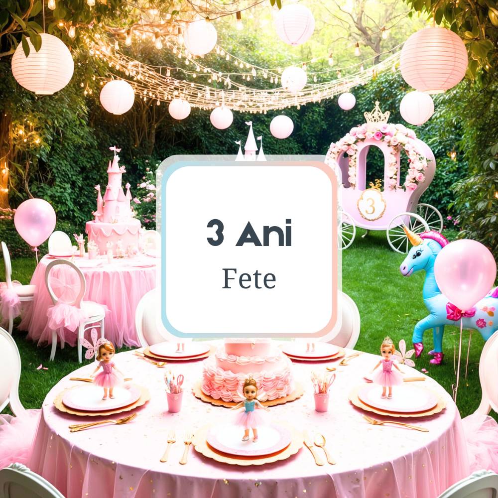 Petrecerea de 3 Ani Fete, O scenă fermecătoare pentru sărbătorirea celui de-al treilea an al unei fetițe, cu tematică de prințese, decoruri de poveste și o atmosferă magică.